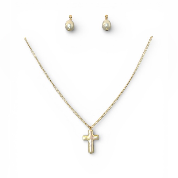 Hand Crafted Jewelry - Handmade Faux Pearl Cross Necklace & Earrings Set
